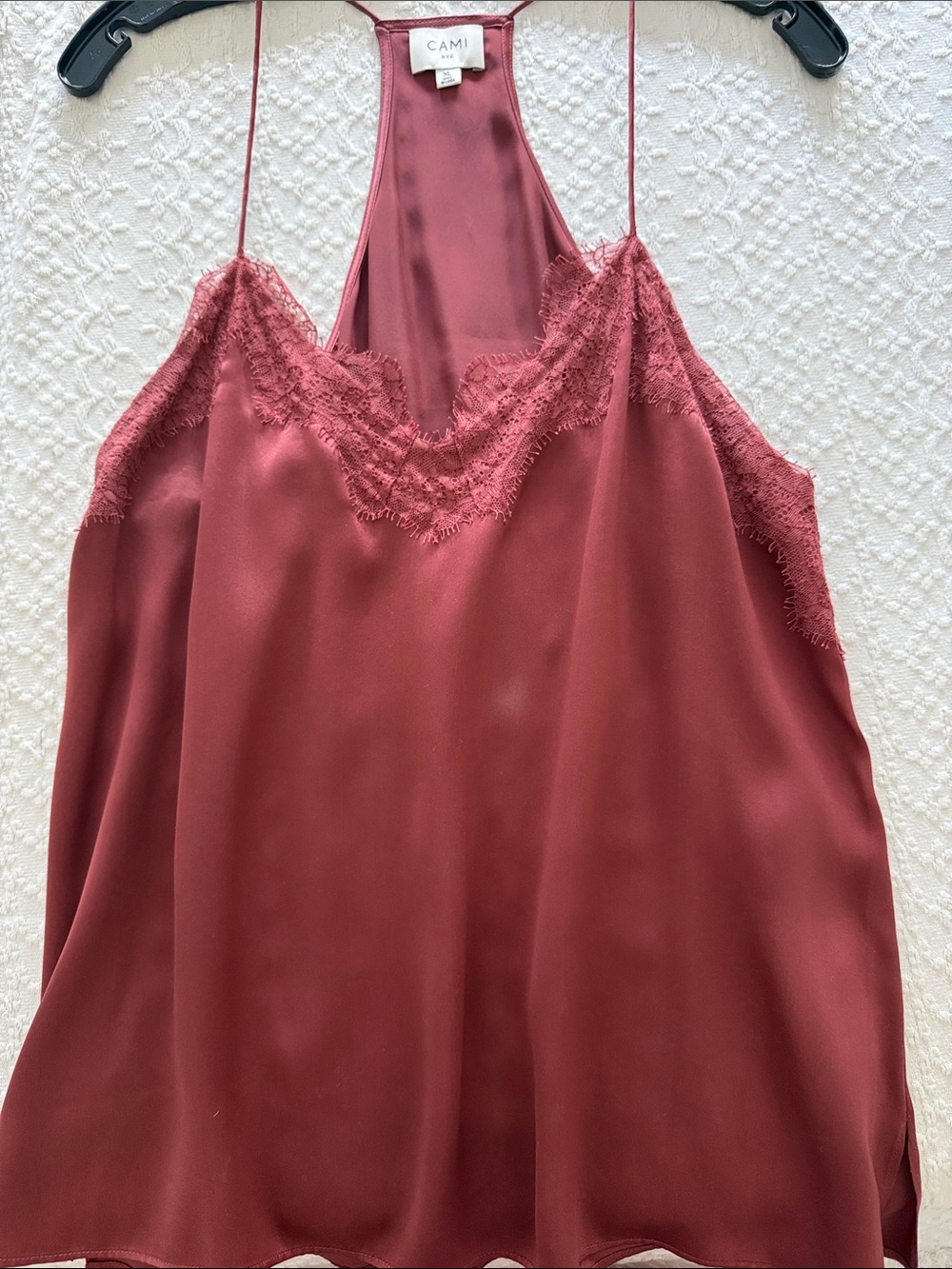 Cami NYC Silk Satin Lace-Trim camisole in Bordeaux color with thin straps - Picture 4 of 4
